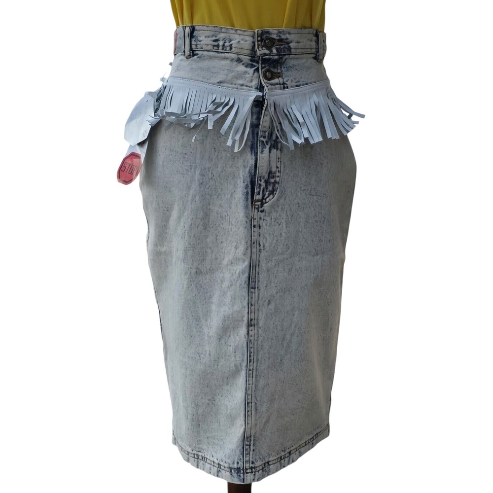 80s 90s Denim Jean Skirt Blue Acid Wash Mom High Waist Fringe Western 9/10 NOS - Picture 1 of 16